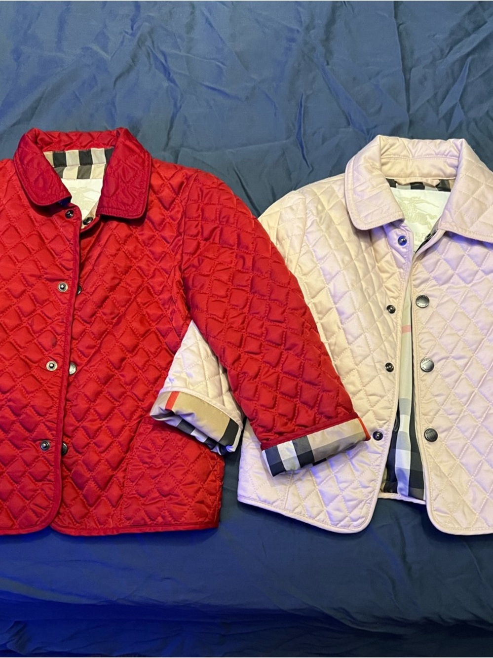Burberry Kids Quilted Puffers in Red and Light Pink